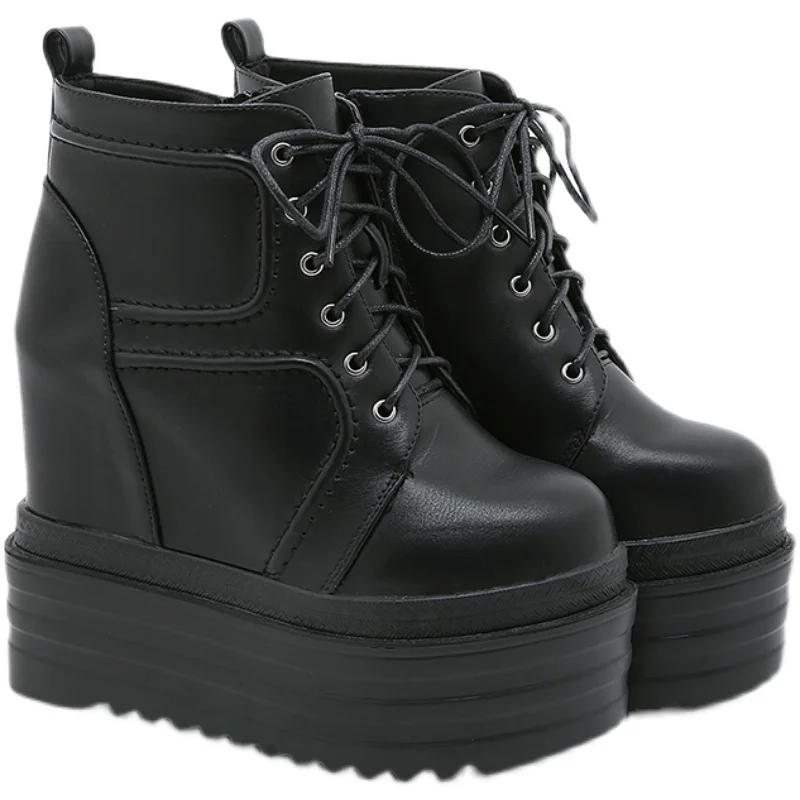Fashion 14CM Spring Platform Shoes Autumn Harajuku Gothic Punk Black Shoes High Sole Lolita Wedges Pumps Women Lace Up Soft Leather