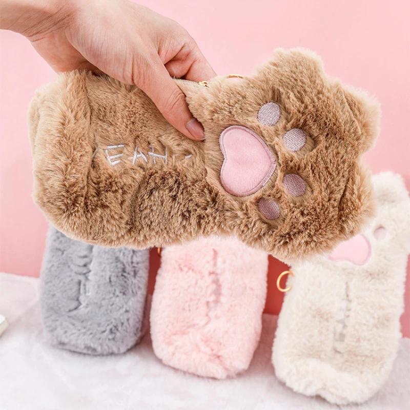 1 Pz Stile Autunno/Inverno Carino Zampa di Gatto Pelosa Astuccio di Peluche Kawaii Cancelleria per Studenti Borsa per Penne Forniture per il Rientro a Scuola per Ragazze