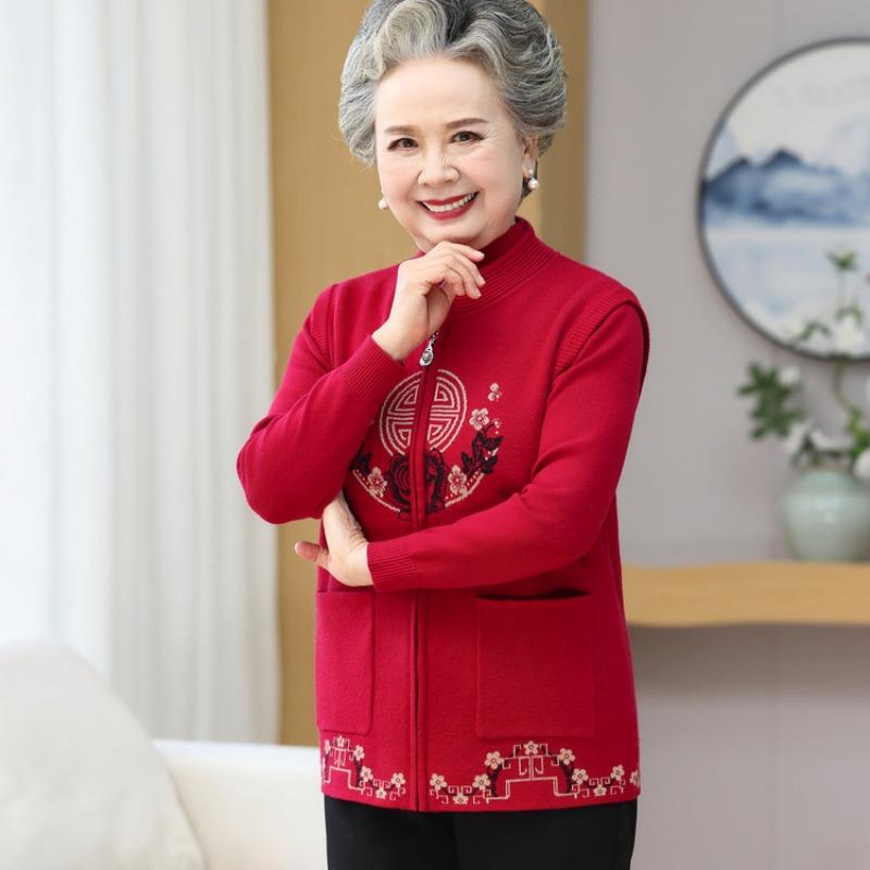 Elderly grandmother autumn clothing women's knitted sweater jacket middle-aged and elderly mother red natal year warm top