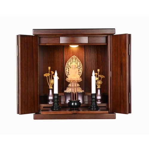 Oda Kobo Mini Buddhist Altar, Furniture Style, High-Quality Solid Paulownia Wood, Lightweight, with LED Lighting (Walnut Color, Size 14)