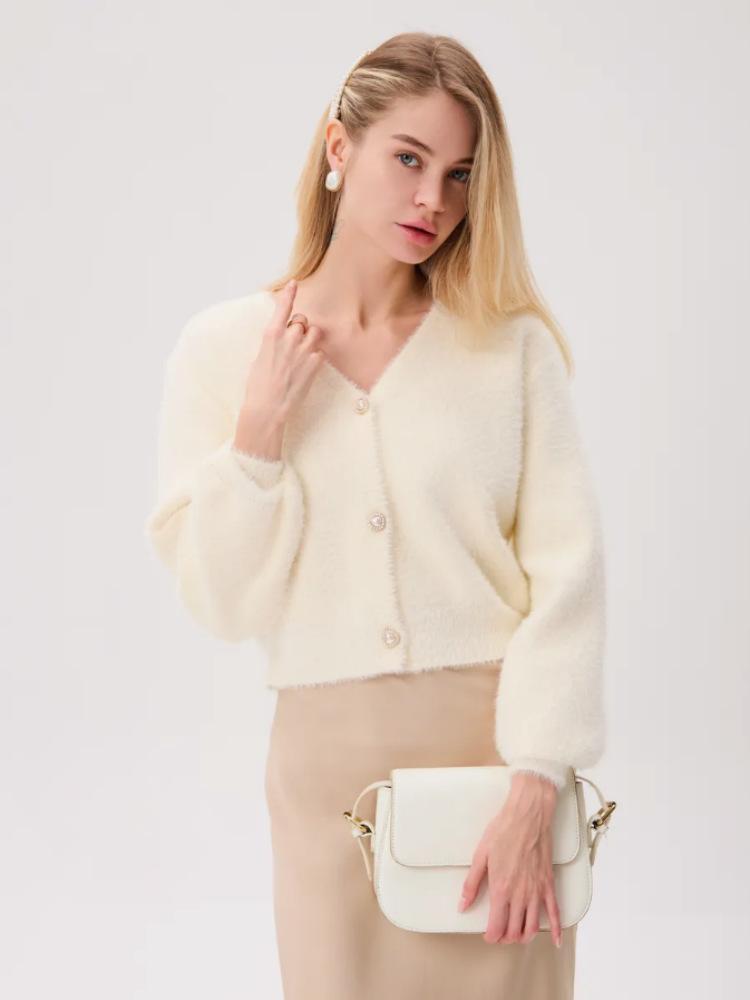 Mink Fleece Knit Cardigan for Women, Short Petite Autumn/winter New V-neck Sweater with a Fairy-like Trendy Style