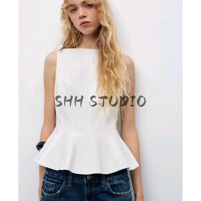 Spring New Women Clothes Boat Neck Sleeveless Capri Short Skirt Hem Bowknot Decoration Top 2606777