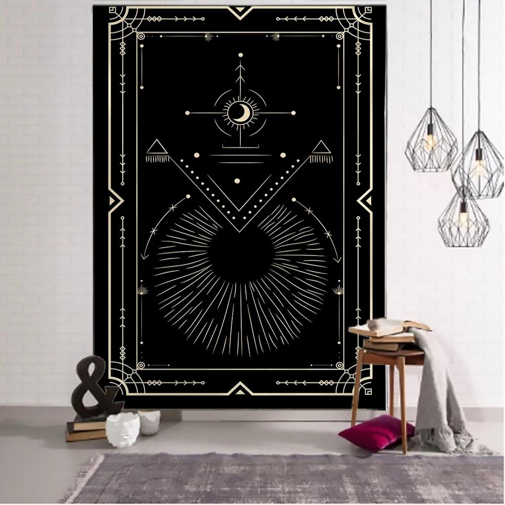 Witchcraft Tarot Tapestry Wall Hanging Black Khaki Sun Moon Starry Universe Geometric Pattern Dormitory Home Decoration Curtains