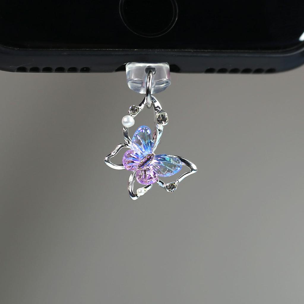 Mobile Phone Dust Plug Pendant New Butterfly With Artificial Pearls And Diamonds Accessory Decoration For IPhone Type-c Port