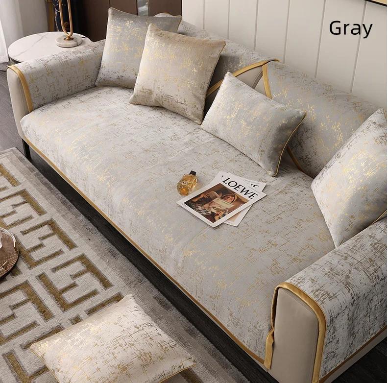 High-end Black Gold Leather Sofa Cushion Modern Non-slip Anti Cat Scratching Chair Pad Satin Edging Recliner Cover Towel Winter