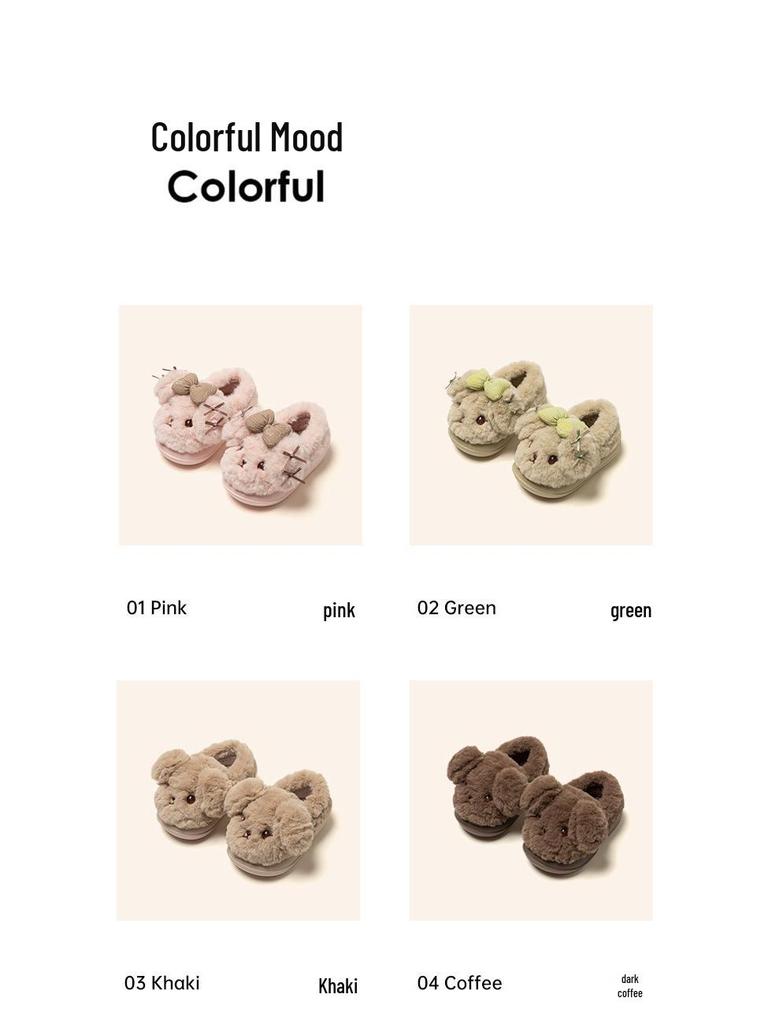 Girls' Winter Cartoon Bow Slippers - Closed-Back Cotton Indoor Shoes for Kids and Parent-Child Matching