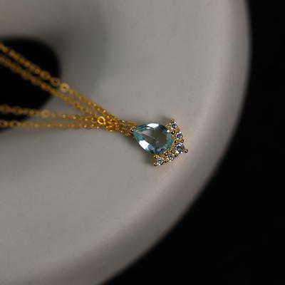 925 Sterling Silver French Simple Blue Crystal Drop Pendant Clavicle Chain Necklace Women Sweet Cute Student Jewelry Gift