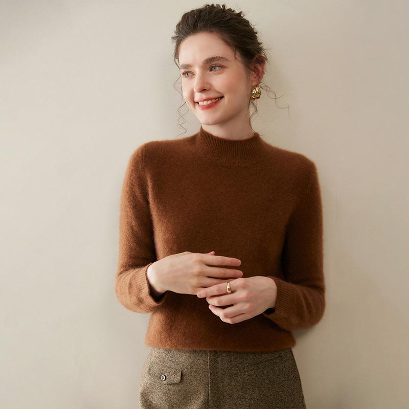 Women's Thickened Cashmere Long Sleeve Pullover - Half-High Neck, 100% Pure Knit for Autumn/Winter
