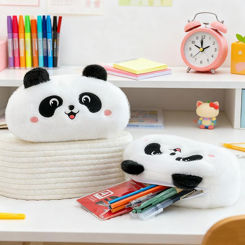 WTEMPO Panda Autumn Winter Soft Short Plush Cute Octagonal Zipper Pen Cases Makeup Storage Bags Graduation Season Back-to-school Season Gifts