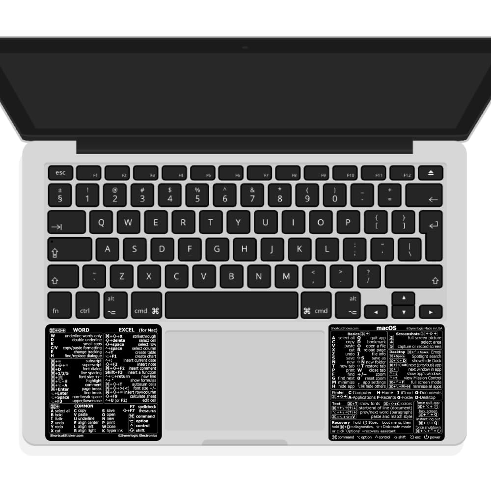 SYNERLOGIC Mac OS Quick Reference Keyboard Shortcut Stickers for MacBook 1 (M/Intel) + Word/Excel (for Mac) - Air/Pro/iMac/Mac/Mini (Black, set)