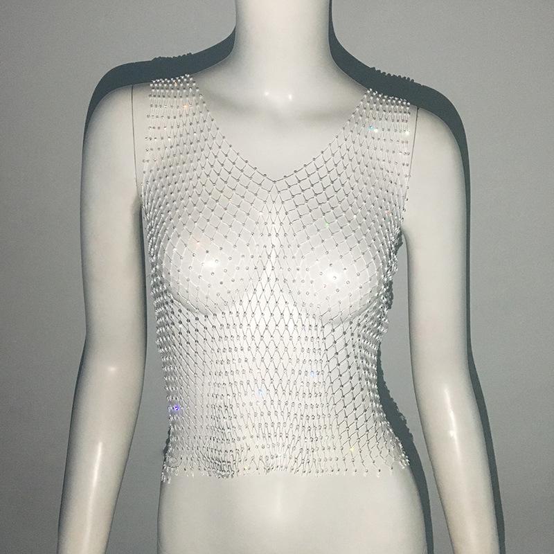 Europäisches & Amerikanisches High-End Mesh Strass Damen Langarmtop