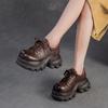 Women's Autumn Vintage British Style Platform Shoes - Top Layer Cowhide Lace-Up Casual Shoes with Round Toe, Comfortable Low-Top Shoes