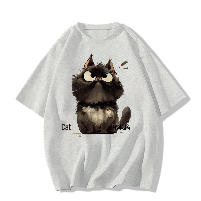 American Retro Kitten T-shirt - Neutral Short Sleeve, Summer Street Style, Loose Fit, Hip Hop Style