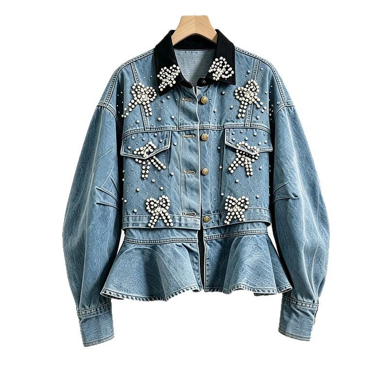 Womens Loose Denim Jacket 2026 Fall Heavy Beaded Rhinestone Streetwear Casual Outerwear