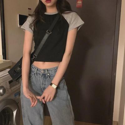 Women’s Summer 2025 Korean-Style High-Waist Contrast Short-Sleeve Crop Top