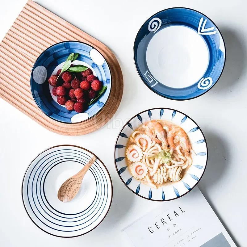 Salad Bowl 8 inch Ceramic Creative Hand Painted Pattern Japanese Ramen Bowl Household Large Noodle Soup Bowl Multi Purpose 20cm