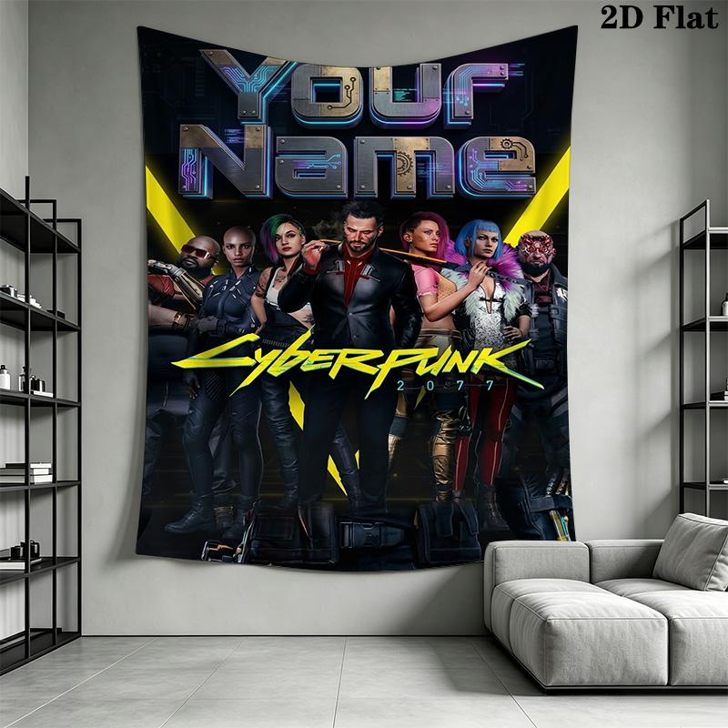 Name Custom Cyberpunk 2077 Wall Tapestry Aesthetic Wall Hanging Printed Fabric Blanket Decorative Tapestries for Bedroom Living Room Home Decor