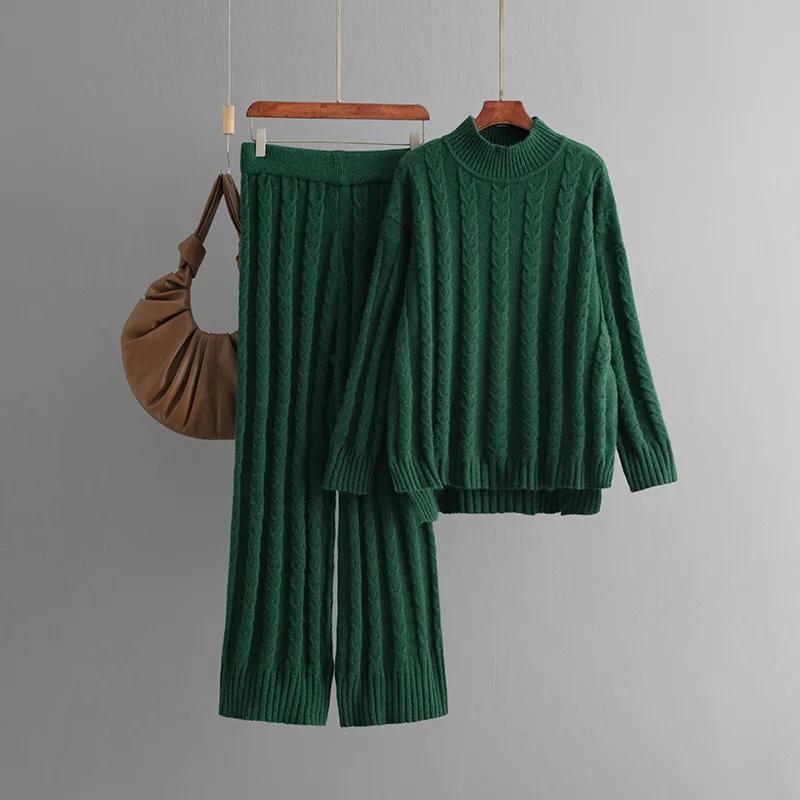2026 Autumn Solid Color Half Turtleneck Split Sweater Twist Pants Sets Women Winter New Fashion Knitted Two-piece Sets for Women