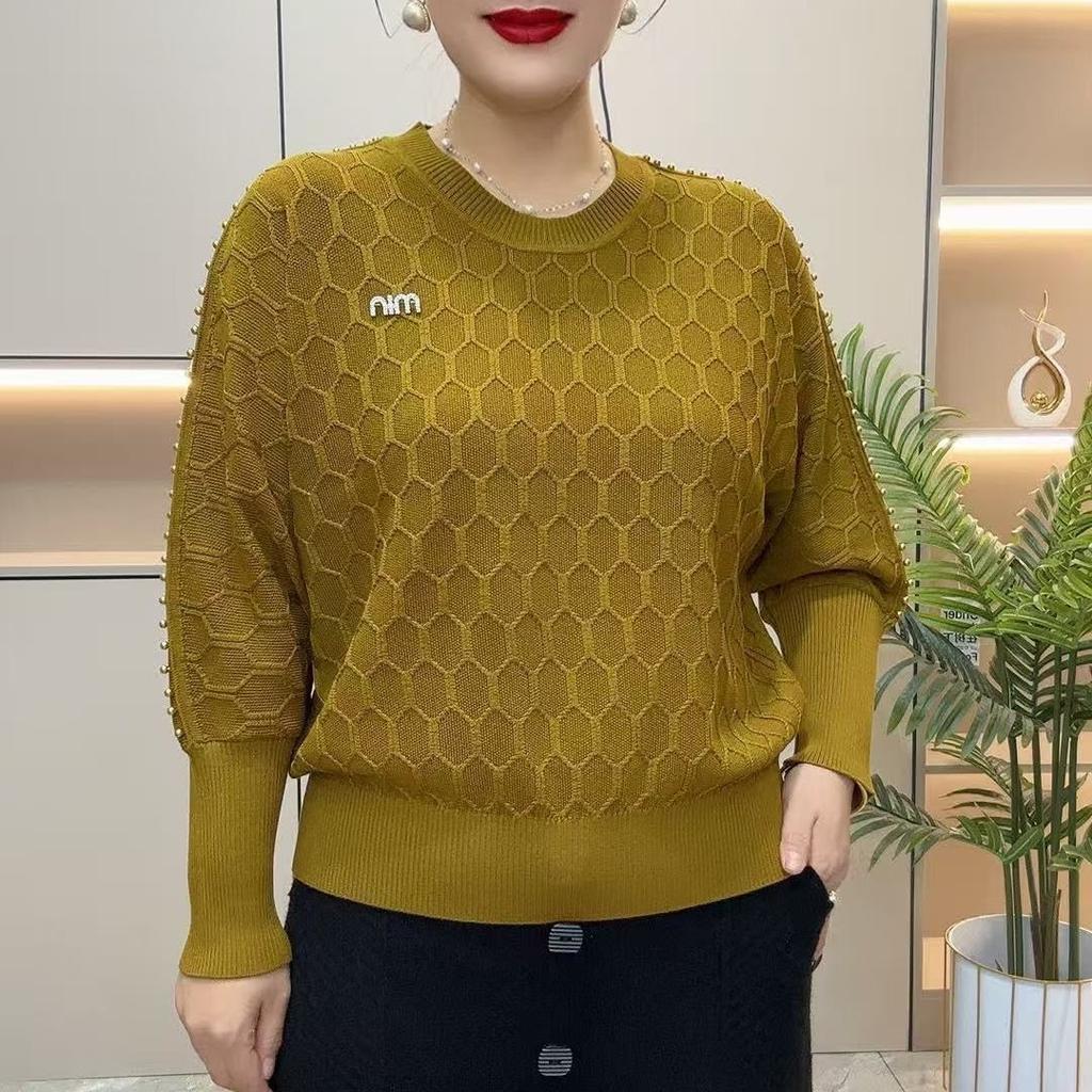 Spring Autumn Women's Plus-Size Sweater Crew Neck Loose Knit Batwing Top Solid Color Soft Knit Pullover Sweater