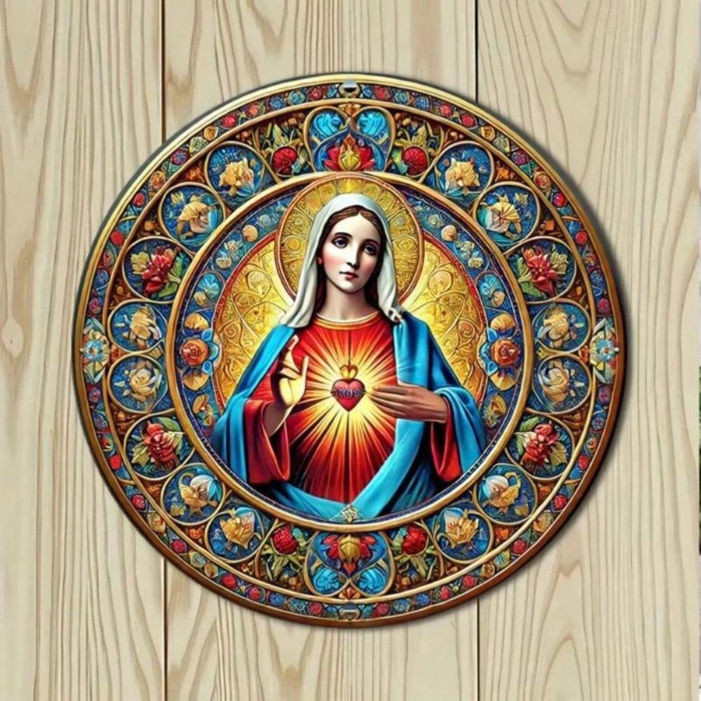 Vintage Sacred Heart of Jesus Round Aluminum Metal Sign Religious Wall Art Christian Decor Virgin Mary Floral Stars