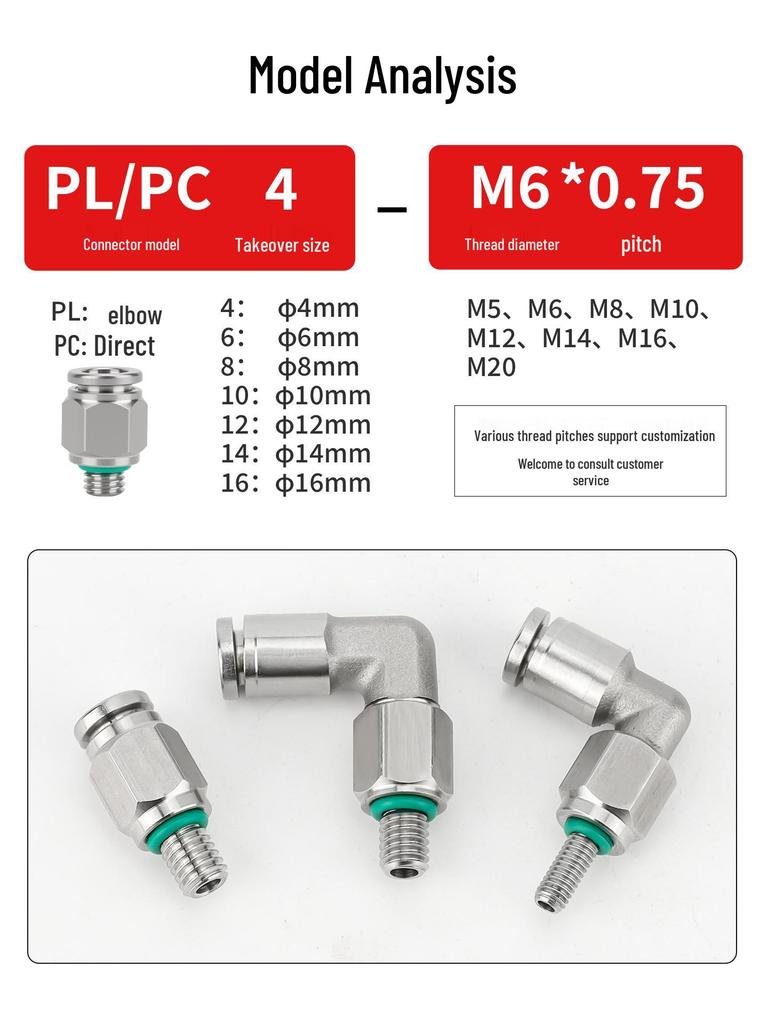 304 Stainless Steel Metric Pneumatic Fitting with Extended Thread, Coarse/Fine Thread, PC4/6-M4/M5/M6/M10/12 Non-standard Fixed