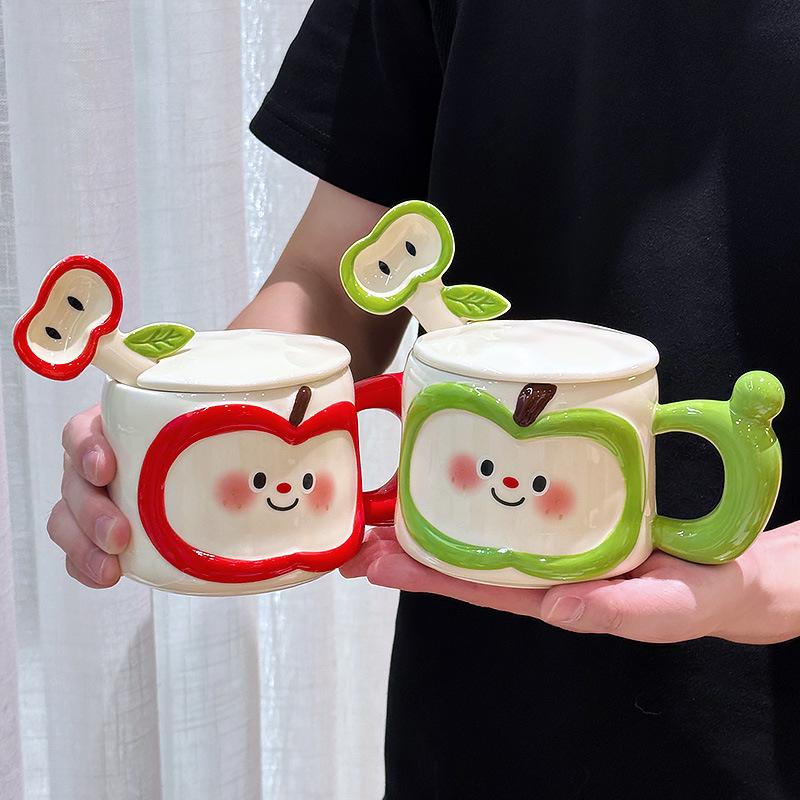 Cute Apple Ceramic Mug with Lid Spoon Men and Women High Looking Couples Office and Household Drinking Water Birthday Gift