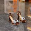 FHC 2024 New Women Platform Sandals,Rhinestone Bowtie Summer High Heels Shoes,Square Open Toe,Ankle Buckle,Brown,Black,Dropship