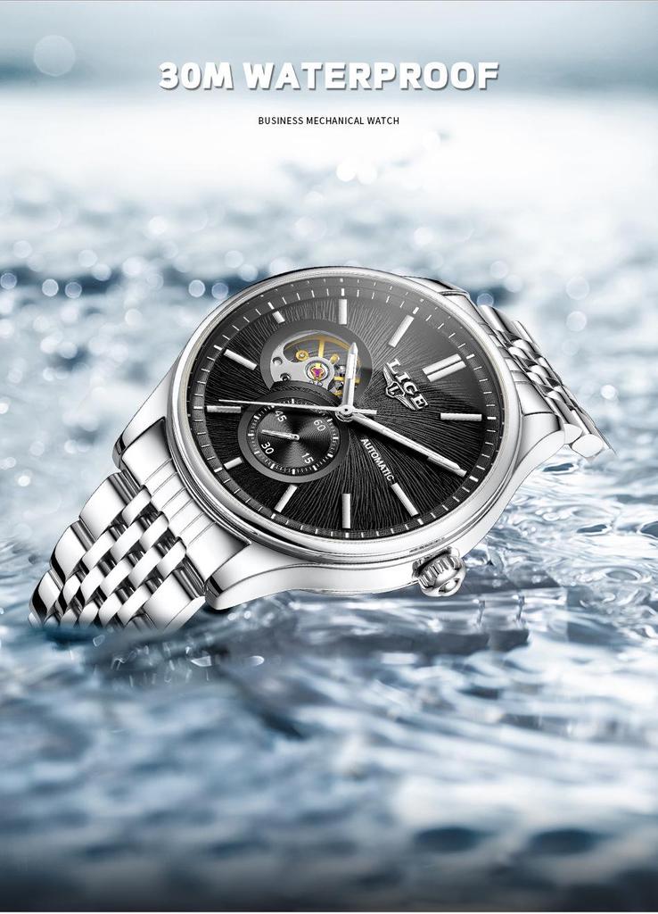 Men's Luxury Waterproof Automatic Mechanical Watch with Steel Band and Luminous Skeleton Design