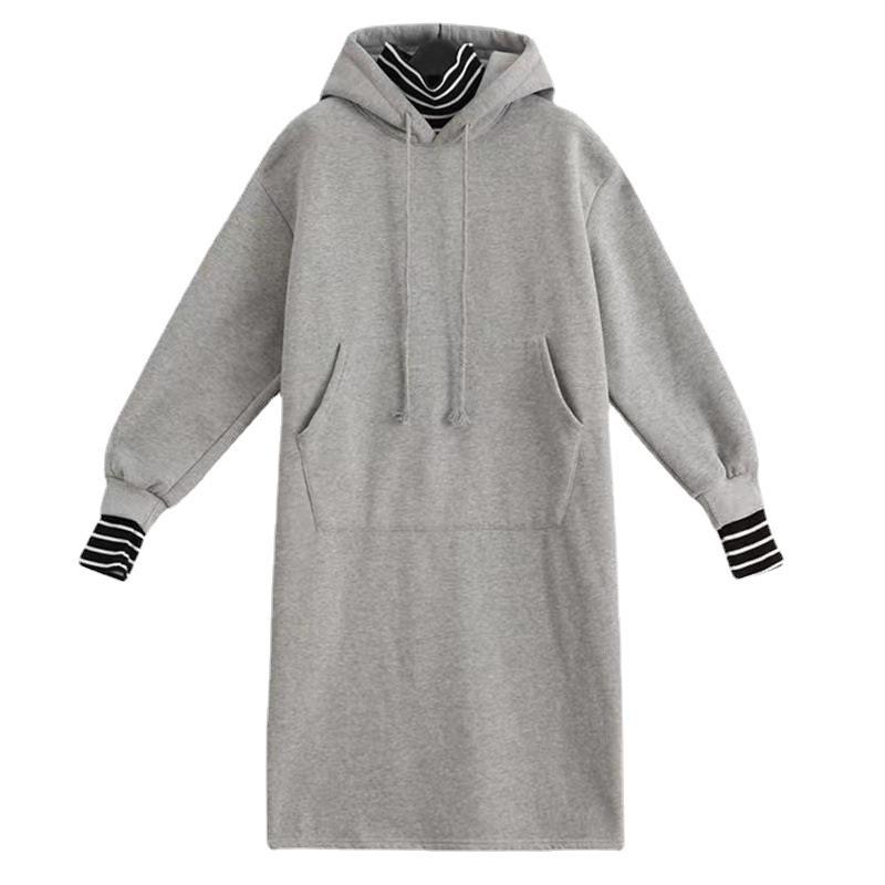 Women's Plus Velvet Sweatshirt Dress: Faux Two-Piece, Long Over-the-Knee, Hooded, Loose Fit, Plus Size, for Autumn and Winter.