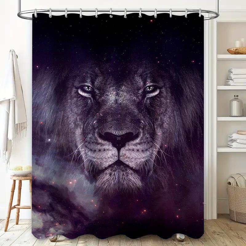 Starry Night Animal Shower Curtain Black Lion Print Waterproof Fabric 3D Decoration for Bathroom Decorations