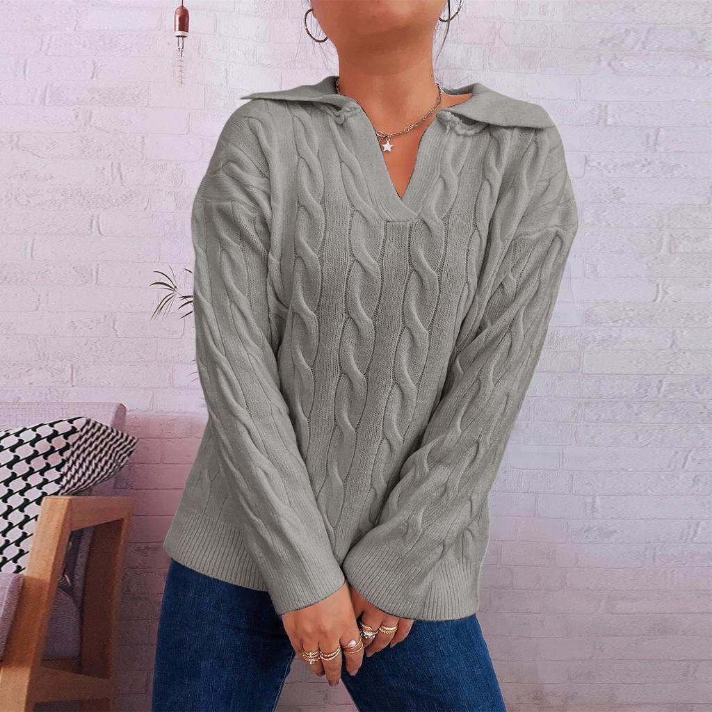 Women's Fashion Casual Loose  Semi-Retro Cable Lapel Long Sleeve Knit Sweater Pullover