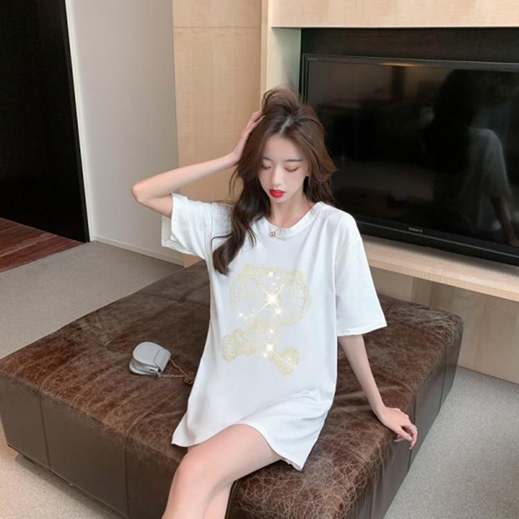 Heavy Industry Diamond Inlay Cartoon T-shirt Womens Short Sleeve Summer Latest Style Stylishable and Versatile Half-sleeved Tie Blouse