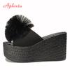 Fashion Aphixta  Hairball 3.54 Inch/9cm Wedge Heels Mule Black Slides Beach Platform Women Slippers Female Sandals Clog Shoes Women
