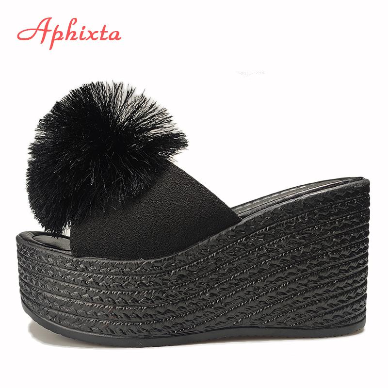 Fashion Aphixta  Hairball 3.54 Inch/9cm Wedge Heels Mule Black Slides Beach Platform Women Slippers Female Sandals Clog Shoes Women