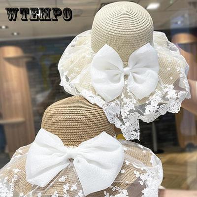Women's Summer Lace Bowknot Floral Bucket Hat Breathable Wide Brim Sun Protection - Handcrafted Salty Grass Beach Hat with Inelasticity for Travel