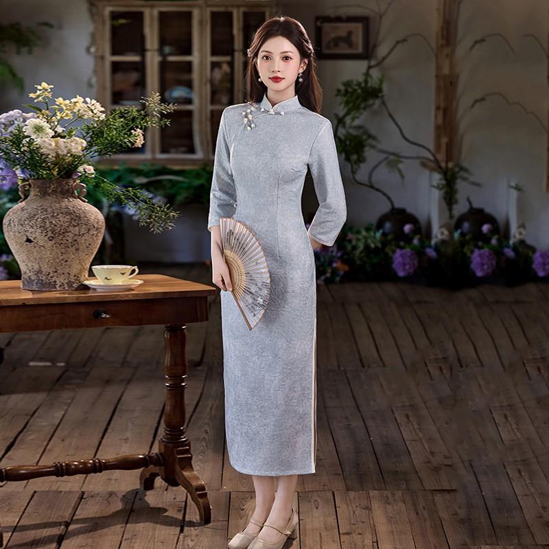 Elegant Long Sleeve Qipao Dress Women Vintage Chic Lace Maxi With Mandarin Collar Stylish Fit