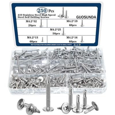 410 Stainless Steel Cross with Pad Drill Tail Screw Set Pan Head with Medium Dovetail 250Pcs Boxed Drill Tail Nails