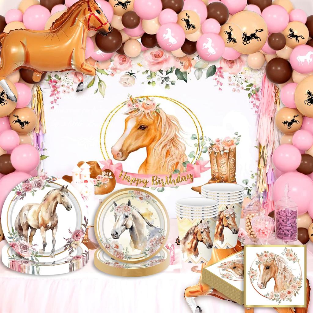 50Pcs Horse Theme Birthday Party Tableware Set with Paper Plates, Cups, Napkins for Holiday Celebration (No FDA)