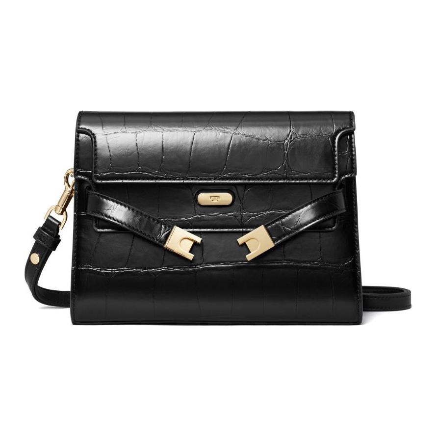 Tory Burch Lee Radziwill Logo Engraved Gold Hardware Leather Shoulder Crossbody Bag Women Bags Black 162247001