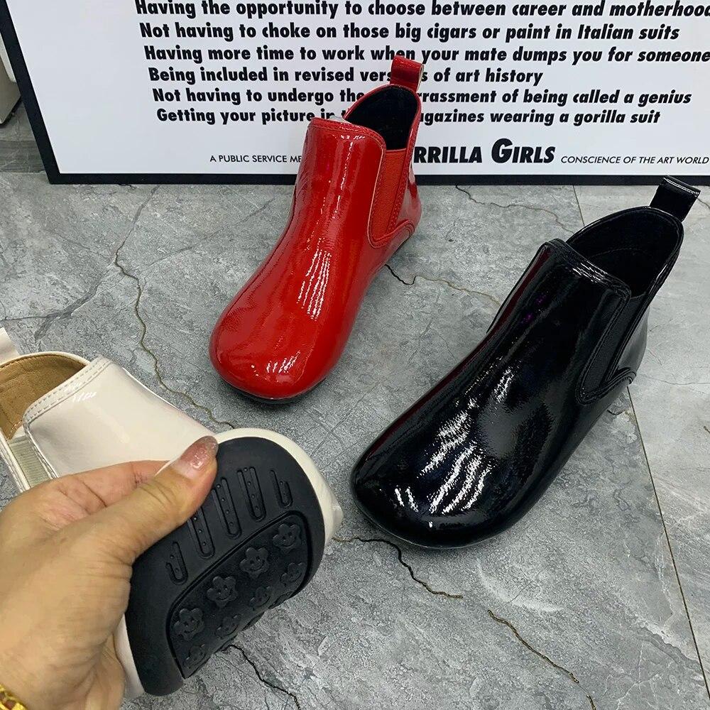 Fashion Women Boots Patent Leather Ankel Boots Waterproof Antislip Casual Women Shoes Flat Boots