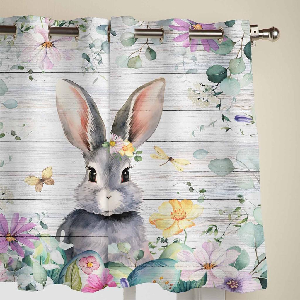 Easter Spring Flowers Bunny Wood Grain Window Curtains for Living Room Bedroom Curtain Modern Kitchen Blinds Drapes Curtains