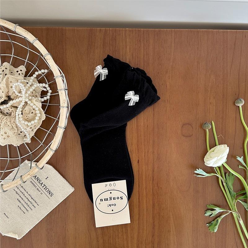 Embroidered Bowlace Ankle Socks for Children, Mid-length Stockings, Suitable for Spring and Summer, Made of Pure Cotton, Versatile for Ballet Style.