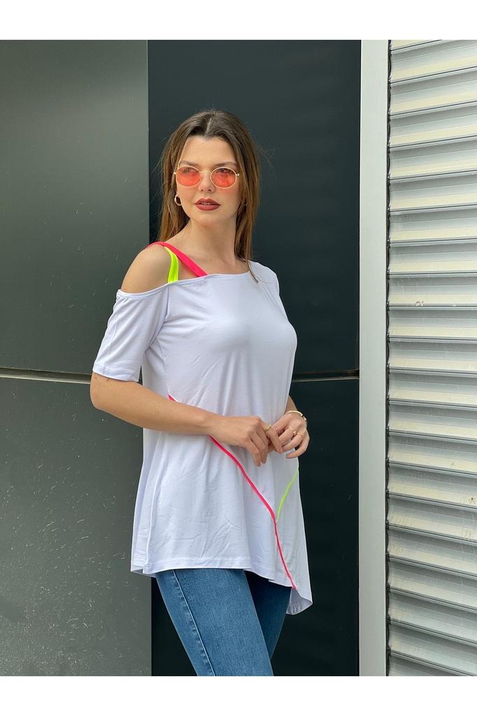 Damen Übergröße Bluse Plus Size Bluse Neonpaspelierung Haifischkragen Schulter Tief ausgeschnitten Asymmetrische Tunika