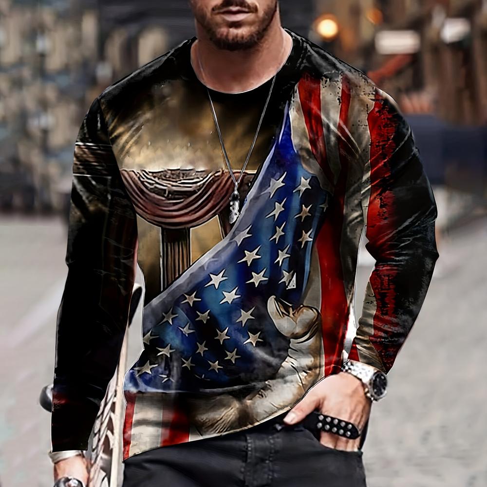 Vintage Men's T Shirt Long Sleeve Fall Tops Broken Flag Pattern 3D Printed War T Shirt Oversized Loose Street Sportswear Xs-7Xl