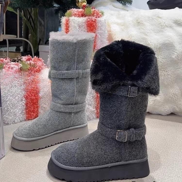 Wool~ 5cm Thick-soled Two-wear Snow Boots Women's Winter Velvet Thickened Fluffy Flanged Medium Boots Non-slip Northeast Cotton Boots