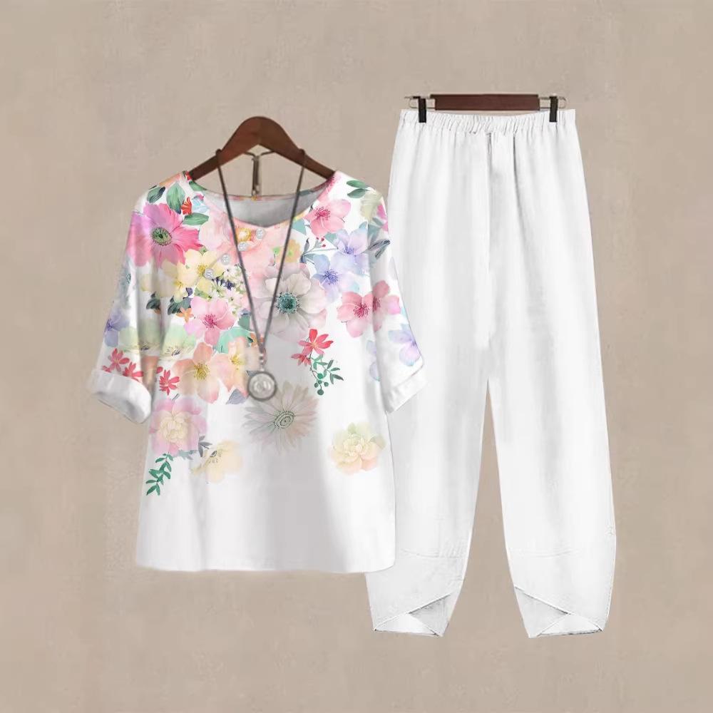 2025 foreign trade cross-border new women's clothing, casual round neck five-quarter sleeve top, digital printing women's two-piece set