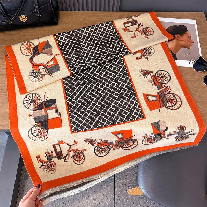 Imitation Cashmere Scarf Retro Style Old-Fashioned Car Contrasting Color Double-Sided Personalized High-Grade Warm Shawl