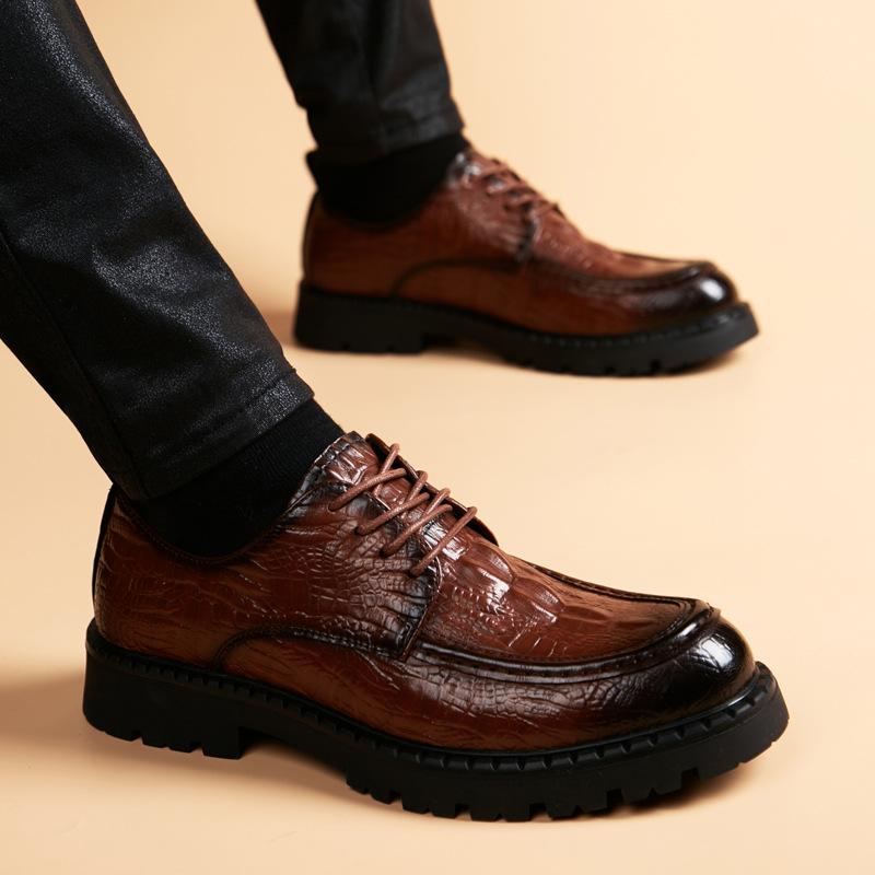 Men's casual leather shoes crocodile pattern fashion platform height-increasing wedding shoes men's green British formal men's shoes