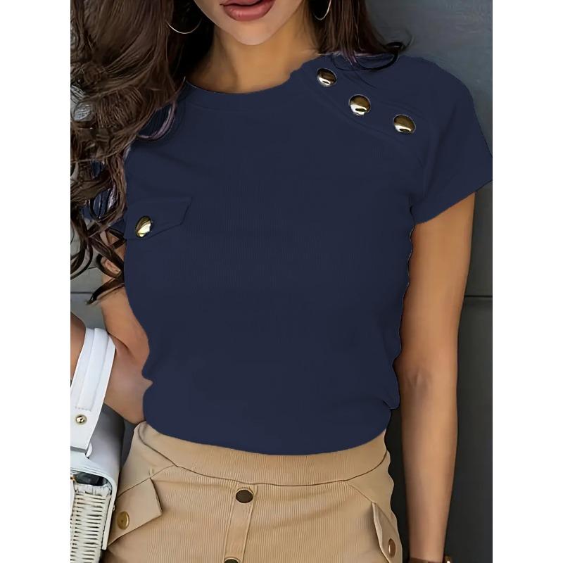 Women'S Elegant Button-Front T-Shirt with Golden Button Details Faux Pockets Casual Chic Style, Date Night Outfit, Decorative Front Buttons