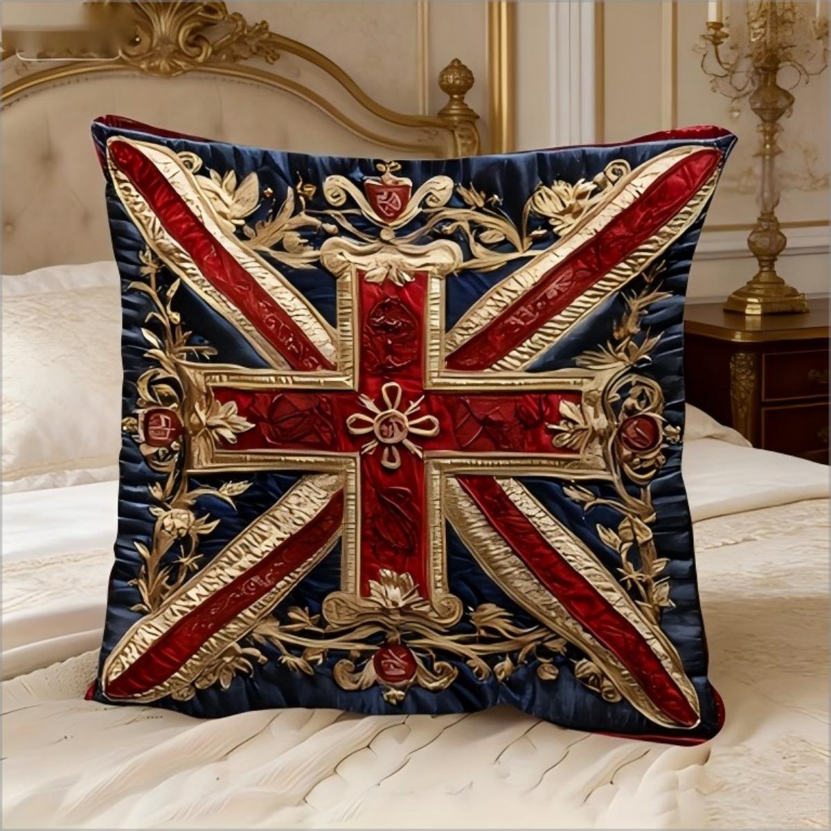 Exquisite Ornaments Unisex Gold 2D Printed Luxury Union Jack Pillow Cover Vintage Baroque Effect Soft Throw Pillow Case For Uk Home Decor Gift